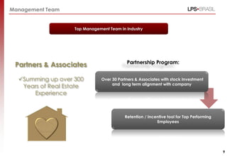 Management Team
Top Management Team in Industry
Partners & Associates
Summing up over 300
Years of Real Estate
Experience
Over 30 Partners & Associates with stock Investment
and long term alignment with company
Retention / Incentive tool for Top Performing
Employees
Partnership Program:
9
 