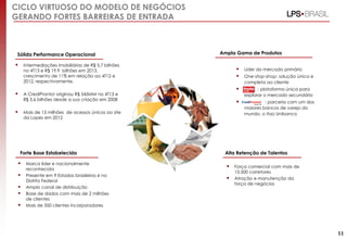 Forte Base Estabelecida
 Marca líder e nacionalmente
reconhecida
 Presente em 9 Estados brasileiros e no
Distrito Federal
 Amplo canal de distribuição
 Base de dados com mais de 2 milhões
de clientes
 Mais de 350 clientes incorporadores
Sólida Performance Operacional
 Intermediações imobiliárias de R$ 5,7 bilhões
no 4T13 e R$ 19,9 bilhões em 2013,
crescimento de 11% em relação ao 4T12 e
2012, respectivamente.
 A CrediPronto! originou R$ 545MM no 4T13 e
R$ 5,6 bilhões desde a sua criação em 2008
 Mais de 15 milhões de acessos únicos ao site
da Lopes em 2012
Alta Retenção de Talentos
 Força comercial com mais de
15.500 corretores
 Atração e manutenção da
força de negócios
 Líder do mercado primário
 One-stop-shop: solução única e
completa ao cliente
 : plataforma única para
explorar o mercado secundário
 : parceria com um dos
maiores bancos de varejo do
mundo, o Itaú Unibanco
Ampla Gama de Produtos
CICLO VIRTUOSO DO MODELO DE NEGÓCIOS
GERANDO FORTES BARREIRAS DE ENTRADA
11
 
