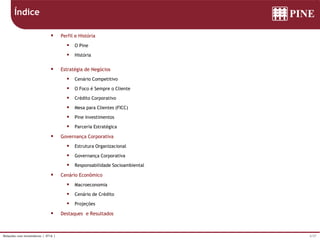 2/37Relações com Investidores | 4T16 |
 Perfil e História
 O Pine
 História
 Estratégia de Negócios
 Cenário Competitivo
 O Foco é Sempre o Cliente
 Crédito Corporativo
 Mesa para Clientes (FICC)
 Pine Investimentos
 Parceria Estratégica
 Governança Corporativa
 Estrutura Organizacional
 Governança Corporativa
 Responsabilidade Socioambiental
 Cenário Econômico
 Macroeconomia
 Cenário de Crédito
 Projeções
 Destaques e Resultados
Índice
 