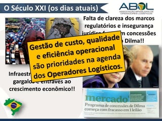 O Século XXI (os dias atuais) 
Infraestrutura precária => 
gargalos e entraves ao 
crescimento econômico!! 
Falta de clareza dos marcos 
regulatórios e insegurança 
jurídica frustram concessões 
no governo Dilma!! 
 