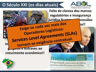O Século XXI (os dias atuais) 
Infraestrutura precária => 
gargalos e entraves ao 
crescimento econômico!! 
Falta de clareza dos marcos 
regulatórios e insegurança 
jurídica frustram concessões 
no governo Dilma!! 
 