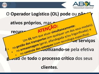 O Operador Logístico (OL) pode ou não ter 
ativos próprios, mas gerencia todos os 
recursos necessários para o aporte de 
soluções completas na prestação de serviços 
logísticos, responsabilizando-se pela efetiva 
gestão de todo o processo crítico dos seus 
clientes. 
 