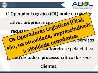 O Operador Logístico (OL) pode ou não ter 
ativos próprios, mas gerencia todos os 
recursos necessários para o aporte de 
soluções completas na prestação de serviços 
logísticos, responsabilizando-se pela efetiva 
gestão de todo o processo crítico dos seus 
clientes. 
 