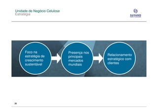 Unidade de Negócio Celulose
Estratégia




      Foco na                 Presença nos
      estratégia de                          Relacionamento
                              principais
      crescimento             mercados       estratégico com
      sustentável             mundiais       clientes




25
 