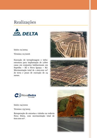 Realizações




Início: 01/2004

Término: 01/2006


Execução de terraplenagem e infra-
estrutura para implantação de 2.800
casas em conjuntos habitacionais em
Sepetiba – RJ e Nova Iguaçu – RJ.
Movimentação total de 1.200.000 m³
de terra e prazo de execução de 24
meses.




Início: 04/2002

Término: 03/2003

Recuperação de encostas e taludes na rodovia
Nova Dutra, com movimentação total de
600.000 m³.
 
