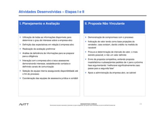 Atividades Desenvolvidas – Etapas I e II


I. Planejamento e Avaliação                                                                                           II. Proposta Não Vinculante



  Utilização de todas as informações disponíveis para                                                                         Demonstração de compromisso com o processo
  determinar o grau de interesse sobre a empresa-alvo
                                                                                                                              Indicação de valor tendo como base projeções do
  Definição das expectativas em relação à empresa-alvo                                                                        vendedor, caso existam, dando crédito na medida do
                                                                                                                              razoável
  Realização da avaliação preliminar
                                                                                                                              Procura e determinação de intervalo de valor, o mais
  Análise de deficiência de informações para se preparar
                                                                                                                              estreito possível, e não um valor definido
  para a diligência
                                                                                                                              Envio de proposta competitiva, evitando proposta
  Interação com a empresa-alvo e seus assessores
                                                                                                                              insatisfatória e subseqüentes pedidos de ir para a próxima
  demonstrando interesse, estabelecendo contatos e
                                                                                                                              fase argumentando “melhorarei significativamente caso
  definindo canais de comunicação
                                                                                                                              passe para a segunda fase”
  Seleção de equipe interna assegurando disponibilidade até
                                                                                                                              Apoio a administração da empresa-alvo, se cabível
  o fim do processo

  Coordenação das equipes de assessoria jurídica e contábil




                                                                                                           Estritamente Privado e Confidencial
                              Este documento não pode ser reproduzido ou disseminado, em parte ou integralmente, sem expresso e prévio consentimento, por escrito, da Avitt Brasil Consultoria Ltda.
                                                                                                                                                                                                       11
 