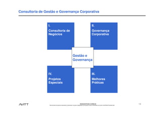 Consultoria de Gestão e Governança Corporativa


                 I.                                                                                                          II.
                 Consultoria de                                                                                              Governança
                 Negócios                                                                                                    Corporativa




                                                                            Gestão e
                                                                            Governança



                 IV.                                                                                                         III.
                 Projetos                                                                                                    Melhores
                 Especiais                                                                                                   Práticas




                                                                                               Estritamente Privado e Confidencial
                  Este documento não pode ser reproduzido ou disseminado, em parte ou integralmente, sem expresso e prévio consentimento, por escrito, da Avitt Brasil Consultoria Ltda.
                                                                                                                                                                                           18
 