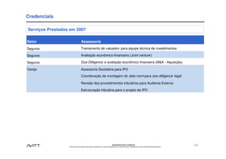 Credenciais

Serviços Prestados em 2007

Setor                                 Assessoria
Seguros                               Treinamento de valuation para equipe técnica de investimentos

Seguros                               Avaliação econômico-financeira (Joint venture )

Seguros                               Due Dilligence e avaliação econômico financeira (M&A - Aquisição)

Varejo                                Assessoria Societária para IPO
                                      Coordenação da montagem do data room para due dilligence legal

                                      Revisão dos procedimentos tributários para Auditoria Externa

                                      Estruturação tributária para o projeto de IPO




                                                                                               Estritamente Privado e Confidencial
                  Este documento não pode ser reproduzido ou disseminado, em parte ou integralmente, sem expresso e prévio consentimento, por escrito, da Avitt Brasil Consultoria Ltda.
                                                                                                                                                                                           24
 