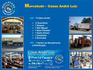 13 lojas sendo:
 6 Guarulhos
 1 Osasco
 1 São Miguel
 1 Itaim Paulista
 1 Santo Amaro
 1 Campinas
 2 Sorocaba
1 Centro de Recebimento
e Distribuição
Mercatudo – Casas André Luiz
 