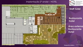 Implantação 2º andar – HOTEL
Perspectiva Artística
Staff hotel
Restaurante
Hotel
Área externa
Restaurante
Hotel
 
