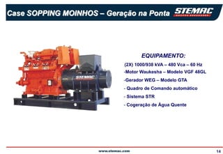 Case SOPPING MOINHOS – Geração na Ponta




                                   EQUIPAMENTO:
                            (2X) 1000/938 kVA – 480 Vca – 60 Hz
                            -Motor Waukesha – Modelo VGF 48GL
                            -Gerador WEG – Modelo GTA
                            - Quadro de Comando automático
                            - Sistema STR
                            - Cogeração de Água Quente




                                                                  14
 