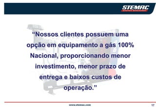 “Nossos clientes possuem uma
opção em equipamento a gás 100%
 Nacional, proporcionando menor
  investimento, menor prazo de
   entrega e baixos custos de
           operação.”

                                  17
 