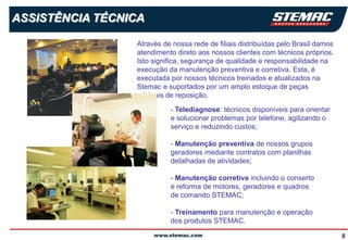 ASSISTÊNCIA TÉCNICA

                 Através de nossa rede de filiais distribuídas pelo Brasil damos
                 atendimento direto aos nossos clientes com técnicos próprios.
                 Isto significa, segurança de qualidade e responsabilidade na
                 execução da manutenção preventiva e corretiva. Esta, é
                 executada por nossos técnicos treinados e atualizados na
                 Stemac e suportados por um amplo estoque de peças
                 originais de reposição.

                           - Telediagnose: técnicos disponíveis para orientar
                           e solucionar problemas por telefone, agilizando o
                           serviço e reduzindo custos;

                           - Manutenção preventiva de nossos grupos
                           geradores mediante contratos com planilhas
                           detalhadas de atividades;

                           - Manutenção corretiva incluindo o conserto
                           e reforma de motores, geradores e quadros
                           de comando STEMAC;

                           - Treinamento para manutenção e operação
                           dos produtos STEMAC.

                                                                                   8
 