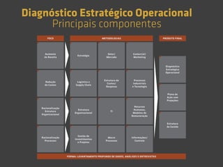 Setor/
Mercado
Estratégia
TI
Estrutura
Organizacional
Gestão de
Investimentos
e Projetos
Estrutura de
Custos/
Despesas
Logística e
Supply Chain
Comercial/
Marketing
Recursos
Humanos,
Modelos de
Remuneração
Informações/
Controle
Processos
Industriais
e Tecnologia
Diagnóstico
Estratégico
Operacional
Estrutura
de Gestão
Plano de
Ação com
Projeções
Macro
Processos
FORMA: LEVANTAMENTO PROFUNDO DE DADOS, ANÁLISES E ENTREVISTAS
METODOLOGIAS PRODUTO FINAL
Racionalização
Estrutura
Organizacional
Racionalização
Processos
Redução
de Custos
Aumento
da Receita
FOCO
Diagnóstico Estratégico Operacional
Principais componentes
 