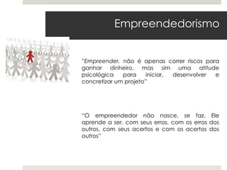Empreendedorismo


”Empreender, não é apenas correr riscos para
ganhar dinheiro, mas sim uma atitude
psicológica   para    iniciar, desenvolver e
concretizar um projeto”




“O empreendedor não nasce, se faz. Ele
aprende a ser, com seus erros, com os erros dos
outros, com seus acertos e com os acertos dos
outros”
 