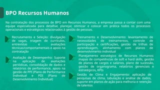 BPO Recursos Humanos
Na contratação dos processos de BPO em Recursos Humanos, a empresa passa a contar com uma
equipe especializada para detalhar, planejar, otimizar e colocar em prática todos os processos
operacionais e estratégicos relacionados à gestão de pessoas.
Recrutamento e Seleção: divulgação
de vagas, triagem de currículos,
entrevistas e avaliações
técnicas/comportamentais e apoio na
contratação
Avaliação de Desempenho: Suporte
na aplicação de avaliações
periódicas, consolidação de dados e
relatórios de performance, apoio na
gestão de PPI (Plano de Performance
Individual e PDI (Plano de
Desenvolvimento Individual)
Treinamento e Desenvolvimento: levantamento de
necessidades de treinamentos, controle de
participação e certificações, gestão de trilhas de
aprendizagem, alinhamento com planos de
desenvolvimento individual
Gestão de Clima e Engajamento: aplicação de
pesquisas de clima, tabulação e análise de dados,
suporte em planos de ação para melhoria e retenção
de talentos
Planejamento estratégico de Recursos Humanos:
mapas de competências de soft e hard skills, gestão
de planos de cargos e salários, plano de sucessão,
gestão de organograma, relatórios gerenciais e
estratégicos, KPIs
 