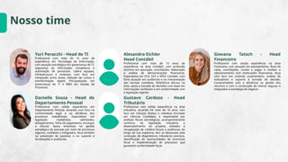 Nosso time
Yuri Peracchi - Head de TI
Profissional com mais de 15 anos de
experiência em Tecnologia da Informação,
com atuação estratégica em governança de TI,
segurança da informação, compliance e
automação de processos. Lidera equipes,
infraestrutura e sistemas, com foco em
integração entre áreas, redução de custos e
transformação digital. Pós-graduado em
Governança de TI e MBA em Gestão de
Processos.
Alesandra Eichler
Head Contábil
Profissional com mais de 15 anos de
experiência na área Contábil, com profundo
domínio em apuração, conciliações, elaboração
e análise de demonstrações financeiras.
Especialista em ECD, ECF e SPED Contábil, com
forte atuação em auditorias e na interpretação
das normas contábeis. Referência técnica na
área, apoia a tomada de decisões com base em
informações confiáveis e em conformidade com
a legislação vigente.
Giovana Tatsch - Head
Financeiro
Profissional com ampla experiência na área
Financeira, com atuação em planejamento, fluxo de
caixa, conciliações, contas a pagar e receber, e
relacionamento com instituições financeiras. Atua
com foco em controle orçamentário, análise de
indicadores e suporte à tomada de decisão.
Comprometida com a eficiência na gestão dos
recursos e com a construção de rotinas seguras e
integradas à estratégia do negócio.
Danielle Souza - Head de
Departamento Pessoal
Profissional com sólida experiência em
Departamento Pessoal, atuando com foco na
conformidade legal e na eficiência dos
processos trabalhistas. Especialista em
legislação trabalhista, admissões,
desligamentos, folha de pagamento, encargos
e eSocial. Apoia empresas na gestão
estratégica de pessoas por meio de processos
seguros, confiáveis e integrados. Atua também
na prevenção de passivos e no suporte a
fiscalizações e auditorias.
Gustavo Cardozo - Head
Tributário
Profissional com sólida experiência na área
tributária, atuando há mais de 10 anos com
foco em tributos diretos e indiretos. Formado
em Ciências Contábeis, é responsável por
análises fiscais estratégicas, acompanhamento
contínuo da legislação tributária e
desenvolvimento de projetos voltados à
recuperação de créditos fiscais e auditorias. Ao
longo de sua trajetória, tem se destacado pela
condução de diagnósticos tributários precisos,
identificação de oportunidades de economia
fiscal e implementação de processos que
garantem conformidade fiscal.
 