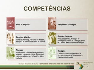 COMPETÊNCIAS

Plano de Negócios                          Planejamento Estratégico




                                           Recursos Humanos
Marketing & Vendas
                                           Pesquisa de Clima, Avaliação de
Plano de Marketing, Pesquisa de Mercado,
                                           Desempenho, Plano de Formação, Plano
Pesquisa de Satisfação e Plano de Vendas
                                           de Carreira e Recrutamento e Seleção



Finanças
                                           Operações
Planejamento Financeiro e Orçamentário,
                                           Comércio Exterior, Mapeamento de
Análise e Gestão de Custos, Implantação
                                           Processos, Gestão de Suprimentos e
de Controle Financeiro e Gestão do Fluxo
                                           Planejamento Logístico
de Caixa



                                                                                  16
 