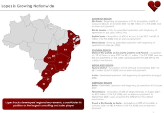 Lopes is Growing Nationwide


                                                                                  SOUTHEAST REGION
                                                                                  São Paulo – Beginning of operations in 1935. Acquisition of 60% of
                                                                                  Capucci &Bauer, in October 2007, for R$9 million (7.1x P/E 2008) and
                                                                                  an earn-out payment.
                                                                                  Rio de Janeiro – Entry by greenfield operation, with beginning of
                                                                                  operations in July 2006, with LCI-RJ.
                                                                   CE
                                                                             RN   Espírito Santo – Acquisition of 60% of Actual, in July 2007, for R$5.76
                                                                                  million (7.0x P/E 2008) and an earn-out payment.
                                                                        PE        Minas Gerais – Entry by greenfield operation with beginning of
                                                                                  operations in February 2008.

                                                         BA                       SOUTHERN REGION
                                                                                  States of Rio Grande do Sul, Santa Catarina and Paraná – Acquisition
                                              DF                                  of 75% of Dirani, in May 2007, for R$15.1 million (7.5x P/E 2008) and two
                                         GO                                       ear-out payments. In July 2008, Lopes acquired the 25% left by the
                                                                                  call/put mechanism.
                                                   MG
                                                              ES
                                                                                  MIDDLE WEST REGION
                                          SP                                      Federal District – Acquisition of 51% of Royal, in November 2007, for
                                                        RJ                        R$12 million (9.0x P/E 2008) and an earn-out payment.
                                    PR
                                                                                  Goiás - Greenfield operation with beginning of operations in August
                                                                                  2008.
                                     SC

                               RS                                                 NORTHEAST REGION
                                                                                  Bahia - Greenfield operation with beginning of operations in October
                                                                                  2007.
                                                                                  Pernambuco – Acquisition of 60% of Sérgio Miranda, in August 2007,
                                                                                  for R$ 3 million (10.0x P/E 2008) and an earn-out payment. In
                                                                                  September 2009, Lopes acquired the 40% left by the call/put
                                                                                  mechanism.
  Lopes tracks developers‟ regional movements, consolidates its                   Ceará e Rio Grande do Norte – Acquisition of 60% of Immobilis, in
        position as the largest consulting and sales player                       January 2008, for R$2.4 million (10.0x P/E 2008) and an earn-out
                                                                                  payment.
                                                                                                                                                  15
 
