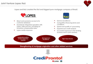 Joint Venture Lopes Itaú

             Lopes and Itaú created the first and biggest pure mortgage company of Brazil.




               Direct and exclusive access to its                  Service excellence
                customer database                                   Competitive financing terms and
               Seamlessly integrated operation with                 conditions
                Lopes‟ sales process, including an                  Speed and quality of processing
                incentive compensation plan                         Experienced credit analysis
               Lopes media exposure                                Successful exposure to the lending
                                                                     business and in joint ventures


                 Leadership position
                                                   Management
                  in their respective                                       High Value Brands
                                                    Excellence
                        markets




                     Strengthening of mortgage origination and other related services.




                                                                                                          28
 