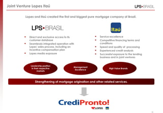Strengthening of mortgage origination and other related services.
Leadership position
in their respective
markets
Management
Excellence
High Value Brands
Joint Venture Lopes Itaú
Lopes and Itaú created the first and biggest pure mortgage company of Brazil.
 Direct and exclusive access to its
customer database
 Seamlessly integrated operation with
Lopes‟ sales process, including an
incentive compensation plan
 Lopes media exposure
 Service excellence
 Competitive financing terms and
conditions
 Speed and quality of processing
 Experienced credit analysis
 Successful exposure to the lending
business and in joint ventures
30
 