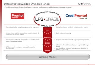 31
Differentiated Model: One-Stop-Shop
CrediPronto! and Pronto!Imóveis Platform: unique model in the secondary market
Winning Model
 Secondary Market: a significant potential for origination
 41 own stores and 142 licensed real estate brokers in 12
states and the Federal District
 Selective acquisitions to replicate the successful formula
used in the primary market
 27% of Pronto!‟s contracted sales are financed by
Credipronto!
 Distinctive channel for clients in the secondary market
 R$591 million in financing
 Incipient market in Brazil with huge expansion potential
 65% of CrediPronto! transactions are originated through
Pronto!
 Use of LPS Brasil‟s platform and significant reduction in
CAPEX requirement
Focus
Relevance
Growth
Potential
Synergies
31
 