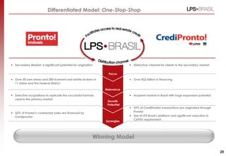Differentiated Model: One-Stop-Shop




 Secondary Market: a significant potential for origination                  Distinctive channel for clients in the secondary market


                                                                 Focus
 Over 50 own stores and 200 licensed real estate brokers in                 Over R$2 billion in financing
  11 states and the Federal District

                                                               Relevance

 Selective acquisitions to replicate the successful formula                 Incipient market in Brazil with huge expansion potential
  used in the primary market
                                                                Growth
                                                                Potential
                                                                             59% of CrediPronto! transactions are originated through
 33% of Pronto!’s contracted sales are financed by                           Pronto!
  Credipronto!                                                               Use of LPS Brasil’s platform and significant reduction in
                                                                              CAPEX requirement
                                                               Synergies




                                                           Winning Model

                                                                                                                                          25
 