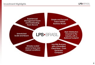 Investment Highlights




                       Experienced       Simple and Focused
                    Management Team          Value Added
                     and Outstanding        Business Model
                      Track Record



                                                        Main Distribution
            Unmatched                                    Channel in the
          Scale and Reach                                Industry with a
                                                        National Footprint


                                         Low Risk Business
                      Already scaled     with a Diversified
                     down to face new    Client Base : Cash
                     market conditions       Generator
                                             Company




                                                                             6
 