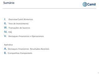 I. Overview Camil Alimentos
II. Tese de Investimento
III. Transações de Sucesso
IV. ESG
V. Destaques Financeiros e Operacionais
Apêndice
A. Destaques Financeiros: Resultados Recentes
B. Companhias Comparáveis
Sumário
3
 