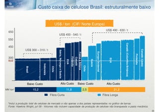 Custo caixa de celulose Brasil: estruturalmente baixo


                                                  US$ / ton (CIF/ Norte Europa)
                                                                                                                                                                     US$ 490 - 630 / t
  650
                                                       US$ 450 - 540 / t
  550




                                                                                                                                                                                    Canadá (Columbia Britânica)
  450
                US$ 300 – 310 / t




                                                                                                                                                                                                                              Canadá (Leste)
                                                      Ibéria, Noruega e Suécia




                                                                                                                                                Europa Ocidental
                                                                                                            França e Bélgica




                                                                                                                                                                                                                  Finlândia
  300



                                                                                       Finlândia
                                                                                                   Canadá




                                                                                                                                                                       EUA
                                                                                                                                       Suécia
                                                                                 EUA
  SUZ
                                 Indonésia




                                                                                                                               Chile
                 Brasil




                                              Chile




                   Baixo Custo                                    Alto Custo                            Baixo Custo                                                  Alto Custo
MM ton1                   15,2                                                   11,8                                          2,5                                           21,2
                                             Fibra Curta                                                                                                           Fibra Longa

  1Inclui
        a produção total de celulose de mercado e não apenas a dos países representados no gráfico de barras.
  Fonte: Hawkins Wright, jul/ 09 - Volumes não incluem capacidade de produção de celulose não branqueada e pasta mecânica.
                                                                                                                                                                                                                                               23
 