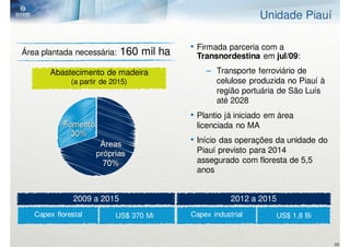 Unidade Piauí

                                          • Firmada parceria com a
Área plantada necessária:    160 mil ha    Transnordestina em jul/09:
       Abastecimento de madeira               – Transporte ferroviário de
              (a partir de 2015)                celulose produzida no Piauí à
                                                região portuária de São Luís
                                                até 2028
                                          • Plantio já iniciado em área
                                           licenciada no MA
                                          • Início das operações da unidade do
                                           Piauí previsto para 2014
                                           assegurado com floresta de 5,5
                                           anos


               2009 a 2015                            2012 a 2015
   Capex florestal          US$ 370 Mi    Capex industrial        US$ 1,8 Bi


                                                                                 45
 