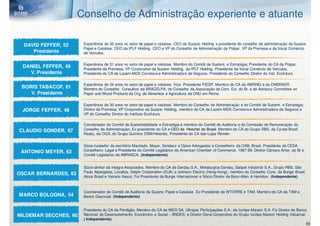 Conselho de Administração experiente e atuante

  DAVID FEFFER, 52     Experiência de 35 anos no setor de papel e celulose. CEO da Suzano Holding e presidente do conselho de administração da Suzano
                       Papel e Celulose. CEO da IPLF Holding. CEO e VP do Conselho de Administração da Polpar. VP da Premesa e da Vocal Comércio
     Presidente        de Veículos.


                       Experiência de 31 anos no setor de papel e celulose. Membro do Comitê de Sustent. e Estratégia; Presidente do CA da Polpar,
 DANIEL FEFFER, 49     Presidente da Premesa, VP Corporativo da Suzano Holding, da IPLF Holding, Presidente da Vocal Comércio de Veículos,
   V. Presidente       Presidente do CA da Lazam-MDS Corretora e Administradora de Seguros, Presidente do Conselho Diretor do Inst. Ecofuturo.

                       Experiência de 34 anos no setor de papel e celulose. Vice- Presidente FIESP. Membro do CA da ABRINQ e da EMBRAER.
 BORIS TABACOF, 81     Membro do Conselho Consultivo da BRACELPA, do Conselho da Associação de Com. Ext. do Br. e do Advisory Committee on
    V. Presidente      Paper and Wood Products da Org. de Alimentos e Agricultura da ONU em Roma.

                       Experiência de 30 anos no setor de papel e celulose. Membro do Conselho de Administração e do Comitê de Sustent. e Estratégia;
 JORGE FEFFER, 48      Diretor da Premesa, VP Corporativo da Suzano Holding, membro do CA da Lazam-MDS Corretora e Administradora de Seguros e
                       VP do Conselho Diretor do Instituto Ecofuturo.

                       Coordenador do Comitê de Sustentabilidade e Estratégia e membro do Comitê de Auditoria e da Comissão de Remuneração do
CLÁUDIO SONDER, 67     Conselho de Administração; Ex-presidente do CA e CEO da Hoechst do Brasil. Membro do CA do Grupo RBS, da Cyrela Brazil
                       Realty, da OGX, do Grupo Químico DSM/Holanda, Presidente do CA das Lojas Renner.


                       Sócio-fundador do escritório Machado, Meyer, Sendacz e Opice Advogados e Conselheiro da OAB, Brasil. Presidente do CESA.
 ANTONIO MEYER, 63     Conselheiro Legal e Presidente do Comitê Legislativo da American Chamber of Commerce, 1987-89. Diretor Câmara Amer. do Br e
                       Comitê Legislativo da ABRASCA. (Independente)


                       Sócio-diretor da Integra Associados. Membro do CA da Gerdau S.A., Metalúrgica Gerdau, Satipel Industrial S.A., Grupo RBS, São
                       Paulo Alpargatas, Localiza, Delphi Corporation (EUA) e Johnson Electric (Hong-Kong); membro do Conselho Cons. da Bunge Brasil,
OSCAR BERNARDES, 63
                       Alcoa Brasil e Veirano Assoc. Foi Presidente da Bunge Internacional e Sócio-Diretor da Booz-Allen & Hamilton. (Independente)



                       Coordenador do Comitê de Auditoria da Suzano Papel e Celulose. Ex-Presidente da WTORRE e TAM. Membro do CA da TAM e
MARCO BOLOGNA, 54      Banco Daycoval. (Independente)


                       Presidente do CA da Perdigão. Membro do CA da WEG SA, Ultrapar Participações S.A.; da Iochpe-Maxion S.A. Foi Diretor do Banco
NILDEMAR SECCHES, 60   Nacional de Desenvolvimento Econômico e Social – BNDES; e Diretor Geral Corporativo do Grupo Iochpe-Maxion Holding Industrial.
                       ( Independente)
                                                                                                                                                        49
 