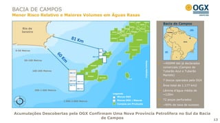 BACIA DE CAMPOS
Menor Risco Relativo e Maiores Volumes em Águas Rasas

                                                                                                    Bacia de Campos
      Rio de
     Janeiro




 0-50 Metros



       50-100 Metros




                                                                                 Oceano Atlântico
                                                                                                    ~400MM bbl já declarados
                                                                                                    comerciais (Campos de
               100-200 Metros                                                                       Tubarão Azul e Tubarão
                                                                                                    Martelo)
                                                                                                    7 blocos operados pela OGX
                                                                                                    Área total de 1.177 km2
                200-1.000 Metros                                                                    Lâmina d’água média de
                                                        Legenda                                     ~120m
                                                           Blocos OGX

                                   1.000-2.000 Metros      Blocos OGX | Maersk                      72 poços perfurados
                                                           Campos em Produção
                                                                                                    ~90% de taxa de sucesso


Acumulações Descobertas pela OGX Confirmam Uma Nova Província Petrolífera no Sul da Bacia
                                       de Campos                                          13
 