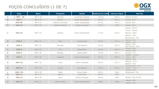POÇOS CONCLUÍDOS (1 DE 7)
         Poço        Bloco       Prospecto              Sonda           Distância da costa   Lâmina d’água                  Net Pay

A     1- MRK - 2B   BM-S-29        Abacate         Sovereign Explorer        130 km             100 m        Índicios de óleo
B       OGX-1       BM-C-43        Vesúvio         Ocean Ambassador           85 km             140 m        Eoceno: 57m
J      OGX-9D       BM-C-41   Vesúvio Direcional   Ocean Ambassador           87 km             142 m        Eoceno: 60m
N      OGX-13       BM-C-41    Vesúvio Vertical     Ocean Lexington           87 km              138m        Eoceno: 10m
                                                                                                             Eoceno: Shows
                                                                                                             Cretac.: Shows
C      OGX-2A       BM-C-41        Pipeline        Ocean Ambassador           77 km             130 m        Albiano: 100m
                                                                                                             Aptiano: 50m
                                                                                                             Barremiano: 15m
                                                                                                             Albiano: 74m
G       OGX-6       BM-C-41         Etna             Ocean Quest              82 km             137 m
                                                                                                             Aptiano: 17m
                                                                                                             Albiano: 80m
D       OGX-3       BM-C-41        Waimea            Sea Explorer             83 km             130 m
                                                                                                             Apt./Barrem: 50m
                                                                                                             Albiano: 43m
I       OGX-8       BM-C-41          Fuji             Ocean Star              82 km             125 m
                                                                                                             Aptiano: 44m
E       OGX-4       BM-C-42        Kilawea           Ocean Quest              79 km             150 m        Eoceno: 17m
                                                                                                             Maastric.: Shows
F       OGX-5       BM-C-43       Krakatoa         Ocean Ambassador           79 km             145 m        Albiano: 30m
                                                                                                             Aptiano: 20m
                                                                                                             Albiano: >17m
H      OGX-7A       BM-C-42         Huna            Ocean Lexington           86 km             152 m
                                                                                                             Aptiano: 35m
                                                                                                             Cenomaniano: 11m
K      OGX-10       BM-C-42        Hawaii            Sea Explorer             79 km             158 m        Albiano: >13m
                                                                                                             Aptiano: 40m
L      OGX-11D      BM-S-59        Natal             Ocean Quest              84 km              180m        Santoniano: 75m
M      OGX-12       BM-S-57        Niterói            Ocean Star              95 km              150m                        -
O      OGX-14       BM-C-40         Peró            Ocean Lexington           96 km              104m        Albiano: 35m & 27m
                                                                                                             Albiano: 32m
P      OGX-15       BM-C-41     Santa Helena       Ocean Ambassador           78km               130m
                                                                                                             Aptiano: 31m

                                                                                                                                      42
 