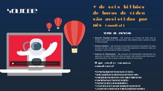 Youtube
+ de sei s bi l hões
de horas de ví deo
são assi st i das por
mês ( mundi al )
O que envol ve em nossa
consul t ori a?
Desenvolvimentodosanúncios
Veiculaçãodosvídeosou/ebanners
Criaçãodacampanhapublicitáriacom
estratégiasdesegmentação
Presençamultiplataforma
Incentivoanovasinscriçõesaocanal
Acompanhamentoeotimizaçãodaverba
 Anúncios Trueview in-stream – são anúncios em formato de vídeo que se
dividem entre: ignoráveis e não ignoráveis. São exibidos antes, durante ou após
o vídeo principal.
 Anúncios Gráficos – são anúncios em formato de banners executados em todas
as áreas do site, exceto na página inicial. Eles aparecem à direita do vídeo em
destaque e acima da lista de vídeos sugeridos.
 Anúncios de Sobreposição - são anúncios de sobreposição transparente que
aparecem na parte inferior do vídeo principal, este anúncio pode direcionar o
internauta para o site ou para o canal de vídeos do anunciante.
TIPOS DE ANÚNCIOS
 