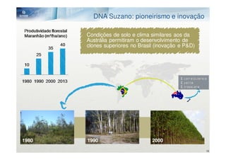 DNA Suzano: pioneirismo e inovação

       Condições de solo e clima similares aos da
       Austrália permitiram o desenvolvimento de
       clones superiores no Brasil (inovação e P&D)




1980   1990                      2000

                                                      16
 
