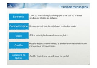 Principais mensagens

                  Líder do mercado regional de papel e um dos 10 maiores
   Liderança      produtores globais de celulose



Competitividade Um dos produtores de mais baixo custo do mundo


     Visão        Sólida estratégia de crescimento orgânico



                  Modelo de gestão consolidado e alinhamento de interesses do
    Gestão        management com acionistas



  Estrutura de    Gestão disciplinada da estrutura de capital
    capital

                                                                                47
 