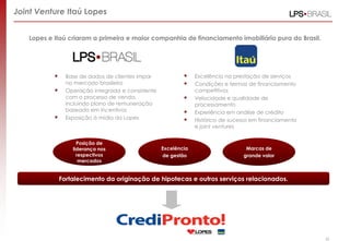Lopes e Itaú criaram a primeira e maior companhia de financiamento imobiliário pura do Brasil.
Posição de
liderança nos
respectivos
mercados
Excelência
de gestão
Marcas de
grande valor
 Base de dados de clientes impar
no mercado brasileiro
 Operação integrada e consistente
com o processo de venda,
incluindo plano de remuneração
baseado em incentivos
 Exposição à mídia da Lopes
 Excelência na prestação de serviços
 Condições e termos de financiamento
competitivos
 Velocidade e qualidade de
processamento
 Experiência em análise de crédito
 Histórico de sucesso em financiamento
e joint ventures
Joint Venture Itaú Lopes
Fortalecimento da originação de hipotecas e outros serviços relacionados.
30
 