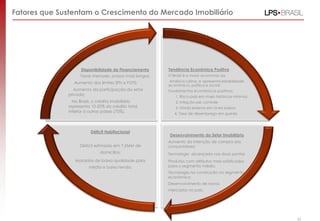 Tendência Econômica Positiva
O Brasil é a maior economia da
América Latina, e apresenta estabilidade
econômica, política e social;
Fundamentos econômicos positivos:
1. Risco-país em níveis históricos mínimos
2. Inflação sob controle
3. Dívida externa em níveis baixos
4. Taxa de desemprego em queda
Desenvolvimento do Setor Imobiliário
Aumento da intenção de compra dos
consumidores;
Tecnologia alcançada nas duas pontas
Produtos com atributos mais sofisticados
para o segmento médio;
Tecnologia na construção no segmento
econômico;
Desenvolvimento de novos
mercados no país.
Déficit Habitacional
Déficit estimado em 7,5MM de
domicílios;
Moradias de baixa qualidade para
média e baixa renda.
Disponibilidade de Financiamento
Taxas menores, prazos mais longos;
Aumento dos limites SFH e FGTS;
Aumento da participação do setor
privado;
No Brasil, o crédito imobiliário
representa 10-20% do crédito total,
inferior a outros países (70%).
Fatores que Sustentam o Crescimento do Mercado Imobiliário
43
 