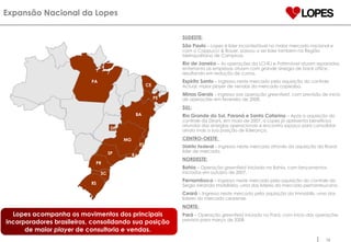 Expansão Nacional da Lopes  Lopes acompanha os movimentos dos principais incorporadores brasileiros, consolidando sua posição de maior  player  de consultoria e vendas. SUDESTE: São Paulo  – Lopes é líder incontestável no maior mercado nacional e com a Cappucci & Bauer, passou a ser líder também na Região Metropolitana de Campinas Rio de Janeiro  – As operações da LCI-RJ e Patrimóvel atuam separadas, entretanto as empresas atuam com grande sinergia de  back office , resultando em redução de custos. Espírito Santo  – Ingresso neste mercado pela aquisição do controle Actual, maior  player  de vendas do mercado capixaba . Minas Gerais  – Ingresso por operação  greenfield , com previsão de início de operações em fevereiro de 2008. SUL:   Rio Grande do Sul, Paraná e Santa Catarina  – Após a aquisição do controle da Dirani, em maio de 2007, a Lopes já apresenta benefícios oriundos das sinergias operacionais e encontra espaço para consolidar ainda mais a sua posição de liderança. CENTRO-OESTE :  Distrito Federal  – Ingresso neste mercado através da aquisição da Royal, líder de mercado. NORDESTE:   Bahia  – Operação  greenfield  iniciada na Bahia, com lançamentos iniciados em outubro de 2007. Pernambuco  –   Ingresso neste mercado pela aquisição do controle da Sergio Miranda Imobiliária, uma das líderes do mercado pernambucano. Ceará  – Ingresso neste mercado pela aquisição da Immobilis, uma das líderes do mercado cearense.  NORTE:   Pará  – Operação  greenfield  iniciada no Pará, com início das operações previsto para março   de 2008 PR RJ BA SP RS ES SC PE MG PA DF CE 