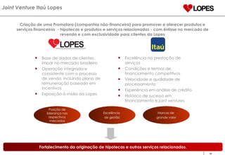 Criação de uma Promotora (companhia não-financeira) para promover e oferecer produtos e serviços financeiros  - hipotecas e produtos e serviços relacionados - com ênfase no mercado de revenda e com exclusividade para clientes da Lopes Posição de liderança nos respectivos mercados Excelência  de gestão Marcas de  grande valor Base de dados de clientes impar no mercado brasileiro Operação integrada e consistente com o processo de venda, incluindo plano de remuneração baseado em incentivos Exposição à mídia da Lopes Excelência na prestação de serviços Condições e termos de financiamento competitivos Velocidade e qualidade de processamento Experiência em análise de crédito Histórico de sucesso em financiamento e  joint ventures Joint Venture  Itaú Lopes Fortalecimento da originação de hipotecas e outros serviços relacionados. 