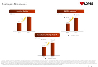 Destaques Financeiros 74% 2006 2007 82,0 143,0 (R$ MM) Receita Líquida EBITDA Ajustado* 78% 39,5 70,5 48,2% 49,3% 2006 2007 (R$ MM) 67% 31,7 52,9 2006 2007 Receita Líquida Ajustada** (R$ MM) 38,6% 37,0% Margem Líquida * o EBITDA Ajustado como uma medida para nossa performance. EBITDA Ajustado é uma medida não contábil elaborada pela Lopes, consistindo no lucro líquido antes do imposto de renda e contribuição social, resultado financeiro líquido (receitas e despesas financeiras), depreciação, amortização e resultado não-operacional. O cálculo do EBITDA Ajustado não corresponde a uma prática contábil adotada no Brasil ou em outros países, não representa o fluxo de caixa para os períodos apresentados e não deve ser considerado substituto do lucro líquido, como indicador de seu desempenho operacional ou substituto do fluxo de caixa como indicador de liquidez. O EBITDA Ajustado não tem significado padronizado e a definição de EBITDA Ajustado adota pela Lopes pode não ser igual ou comparável à definição de EBITDA ou EBITDA Ajustado utilizada por outras companhias.   **A Receita Líquida Ajustada é um proceso contábil decidido pela Lopes, ela representa o valor de receita líquida sem a amortização do ágio. Margem Ebitda   
