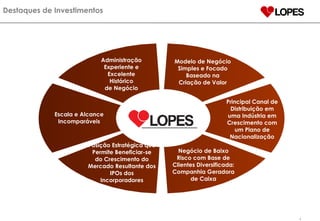 Destaques de Investimentos Modelo de Negócio  Simples e Focado Baseado na Criação de Valor Principal Canal de Distribuição em uma Indústria em Crescimento com um Plano de Nacionalização Negócio de Baixo Risco com Base de Clientes Diversificada: Companhia Geradora de Caixa Posição Estratégica que Permite Beneficiar-se do Crescimento do Mercado Resultante dos IPOs dos Incorporadores Escala e Alcance Incomparáveis Administração Experiente e Excelente Histórico de Negócio 