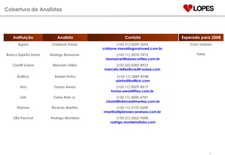Cobertura de Analistas Instituição Analista Contato Ágora Cristiane Viana  (+55 21) 2529-3393  [email_address]   Banco Espírito Santo Rodrigo Bonsaver  (+55 11) 3074-7412  [email_address] Credit Suisse Marcelo Telles  (+52 55) 5283-8933  [email_address]   Bulltick Rafael Pinho (+55 11) 3089-8748 [email_address] Itaú Tomas Awad  (+55 11) 5029-4517  tomas.awad@itau.com.br  Link Celso Boin Jr.  (+55 11) 4505-6701  [email_address] Planner Ricardo Martins  (+55 11) 2172-2600  rmartins@plannercorretora.com.br  UBS Pactual Rodrigo Monteiro (+55 21) 3262-9208  [email_address] Esperado para 2008 Coin Valores Fator 