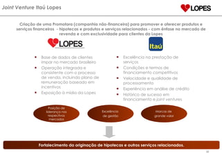 Criação de uma Promotora (companhia não-financeira) para promover e oferecer produtos e serviços financeiros  - hipotecas e produtos e serviços relacionados - com ênfase no mercado de revenda e com exclusividade para clientes da Lopes Posição de liderança nos respectivos mercados Excelência  de gestão Marcas de  grande valor Base de dados de clientes impar no mercado brasileiro Operação integrada e consistente com o processo de venda, incluindo plano de remuneração baseado em incentivos Exposição à mídia da Lopes Excelência na prestação de serviços Condições e termos de financiamento competitivos Velocidade e qualidade de processamento Experiência em análise de crédito Histórico de sucesso em financiamento e  joint ventures Joint Venture  Itaú Lopes Fortalecimento da originação de hipotecas e outros serviços relacionados. 