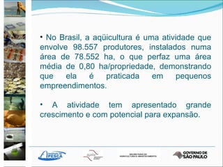 No Brasil, a aqüicultura é uma atividade que envolve 98.557 produtores, instalados numa área de 78.552 ha, o que perfaz uma área média de 0,80 ha/propriedade, demonstrando que ela é praticada em pequenos empreendimentos.  A atividade tem apresentado grande crescimento e com potencial para expansão. 