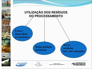 UTILIZAÇÃO DOS RESÍDUOS DO PROCESSAMENTO Novos produtos com valor agregado Evita o desperdício de nutrientes   Reduz poluição ambiental 