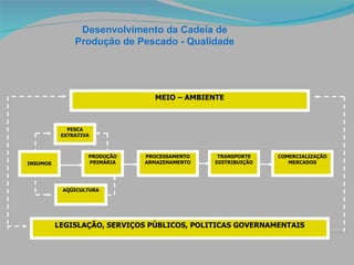 Desenvolvimento da Cadeia de Produção de Pescado - Qualidade MEIO – AMBIENTE  PESCA EXTRATIVA INSUMOS PRODUÇÃO PRIMÁRIA AQÜICULTURA PROCESSAMENTO ARMAZENAMENTO TRANSPORTE DISTRIBUIÇÃO COMERCIALIZAÇÃO MERCADOS LEGISLAÇÃO, SERVIÇOS PÚBLICOS, POLITICAS GOVERNAMENTAIS 