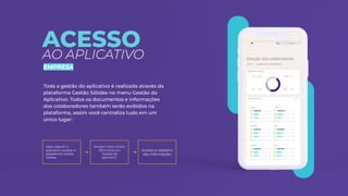 Após adquirir o
aplicativo, acessar a
plataforma Gestão
Sólides
Acessar menu Smart
RH e clicar em
“Gestão do
Aplicativo”
Acesso e cadastro
das informações
Toda a gestão do aplicativo é realizada através da
plataforma Gestão Sólides no menu Gestão do
Aplicativo. Todos os documentos e informações
dos colaboradores também serão exibidos na
plataforma, assim você centraliza tudo em um
único lugar:
ACESSO
AO APLICATIVO
EMPRESA
 