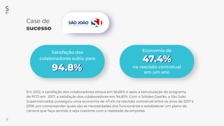 Em 2012, a satisfação dos colaboradores estava em 56,66% e após a estruturação do programa
de PCO em 2017, a satisfação dos colaboradores em 94,81%. Com o Sólides Gestão, a São João
Supermercados conseguiu uma economia de 47,4% na rescisão contratual entre os anos de 2017 e
2018, por compreender quais são as necessidades dos funcionários e estabelecer um plano de
carreira que faça sentido e seja coerente com a realidade da empresa.
Economia de
Satisfação dos
colaboradores subiu para
94.8%
47.4%
//
na rescisão contratual
em um ano
Case de
sucesso
 